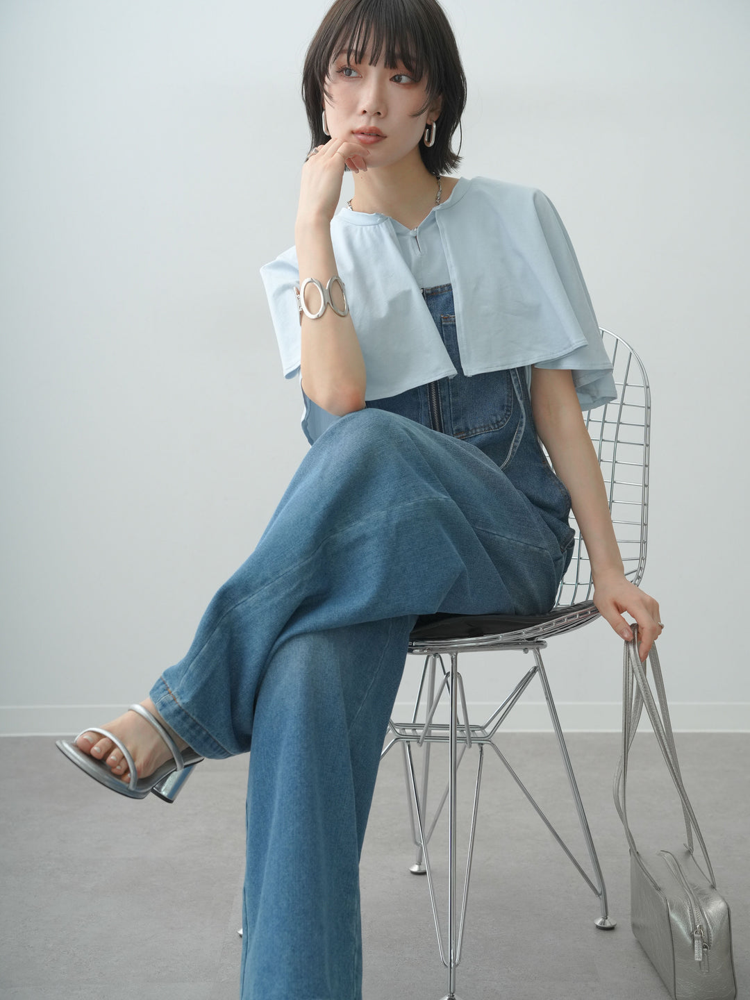 [SET]前後2wayケープTEE+フロントジップデニムサロペット(2set)
