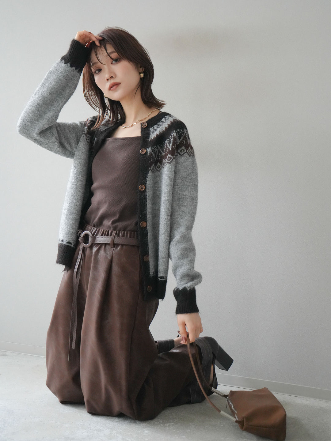 [予約]ノルディック柄ニットカーディガン/gray