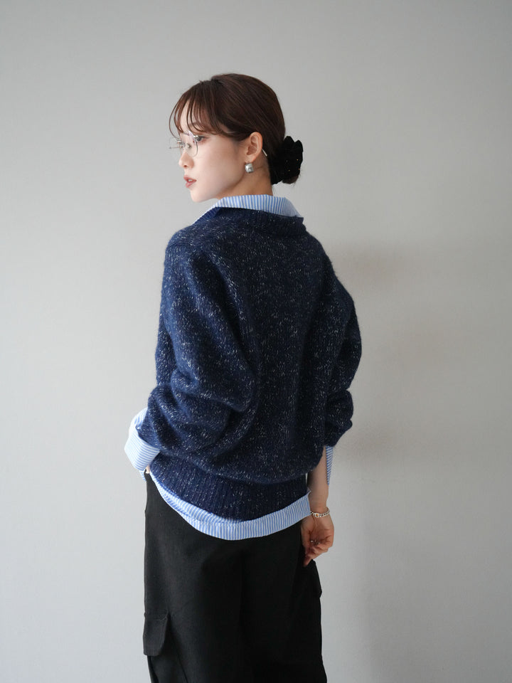 [予約]ストライプシャツドッキングMIXヤーンニットプルオーバー/navy