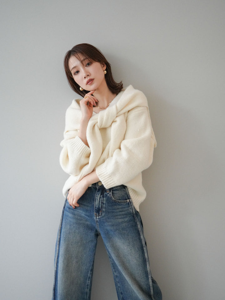 [予約]ストール付きVネックニットプルオーバー/white