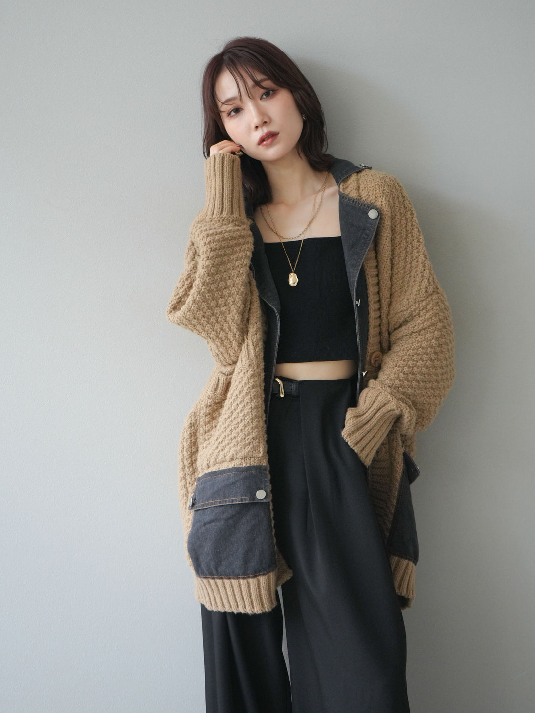 [SET]デニム襟レイヤードニットジャケット+ベルトループデザインワイドパンツ(2set)