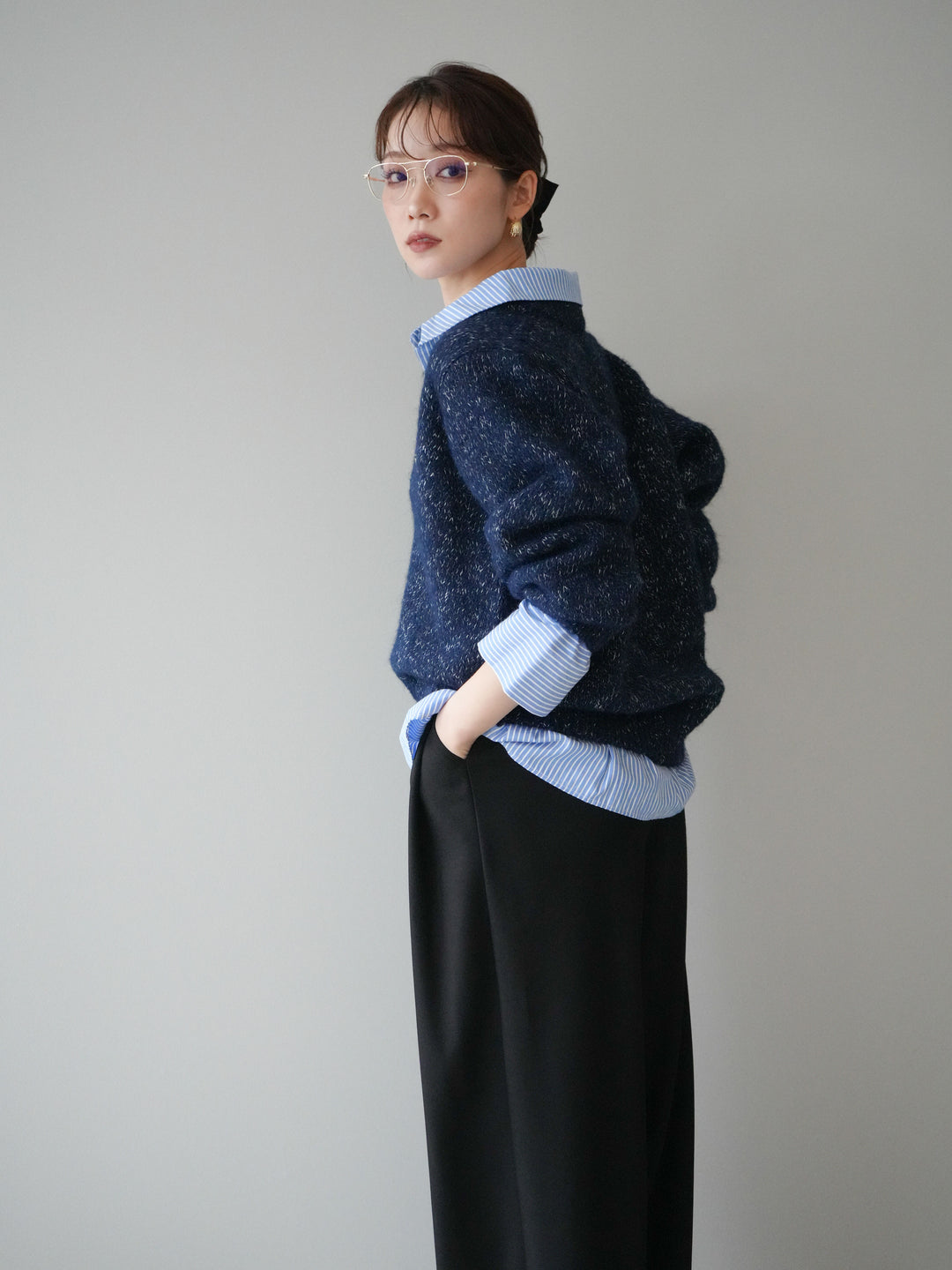 [予約]ストライプシャツドッキングMIXヤーンニットプルオーバー/navy