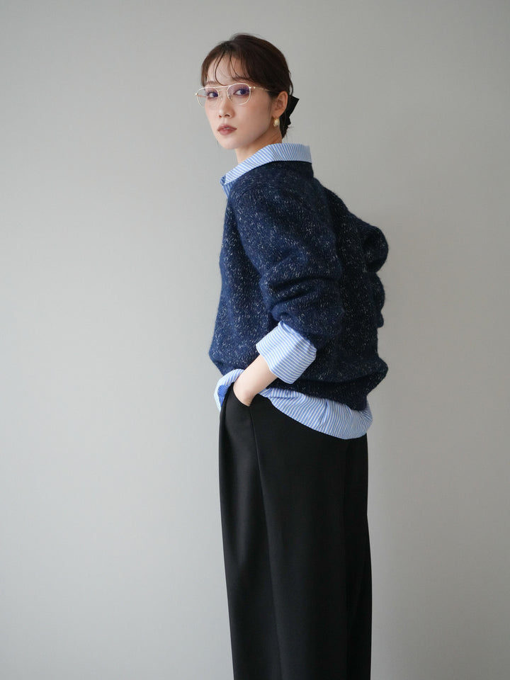 [予約]ストライプシャツドッキングMIXヤーンニットプルオーバー/navy