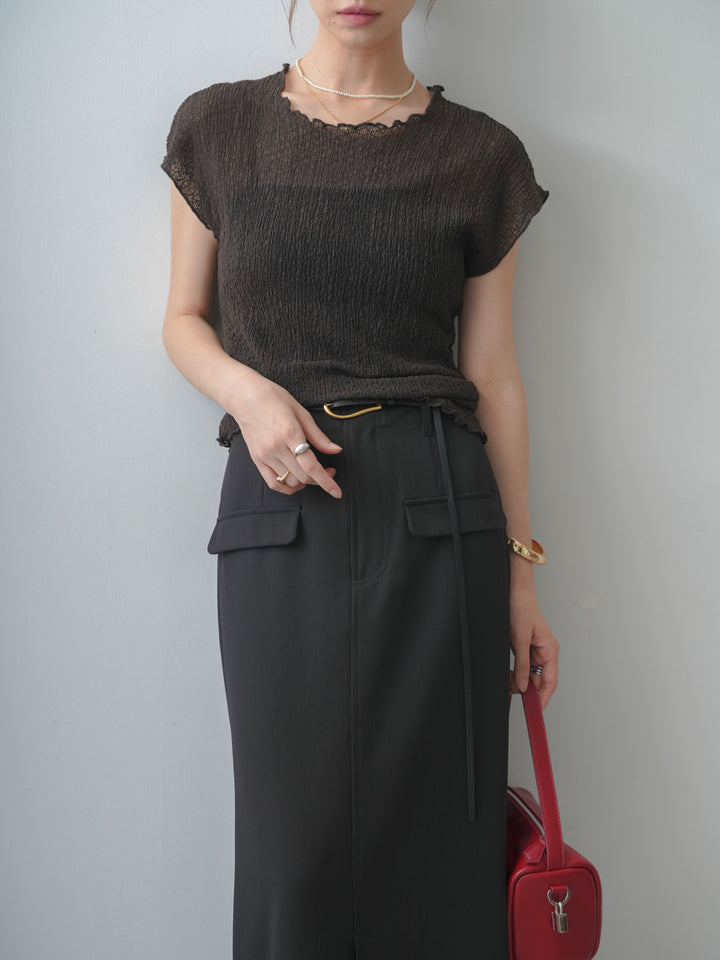 [SET]シャーリングシアーバックオープンフレンチトップス+クレープデシンフラップ付きストレートスカート(2set)