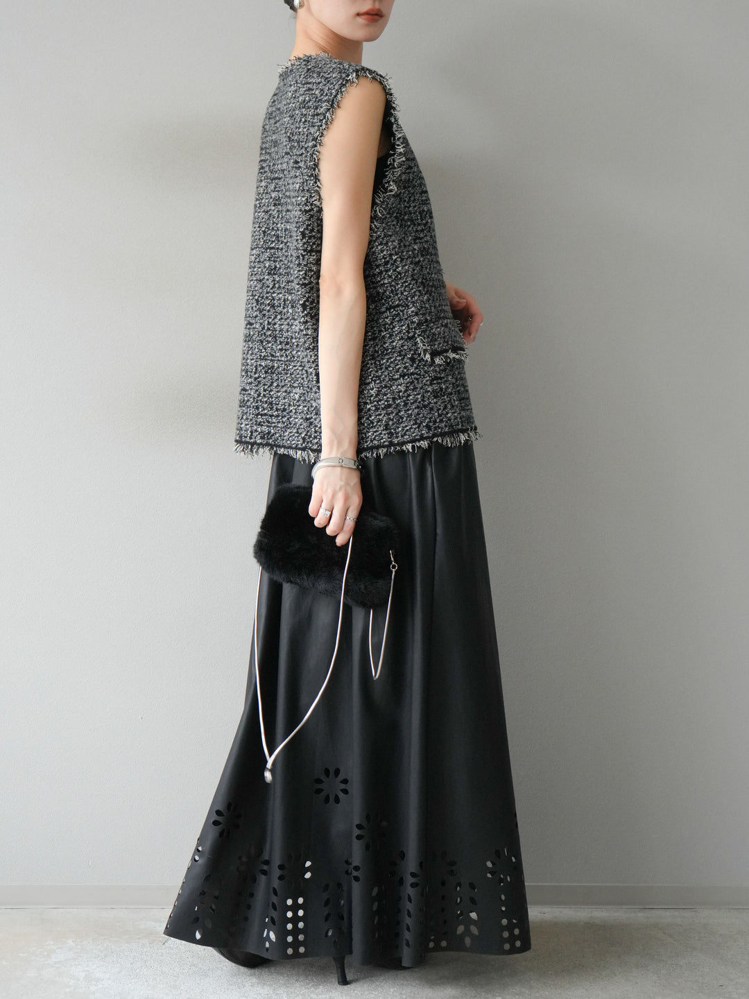 [予約]ミックスツイードフリンジニットベスト/ブラック