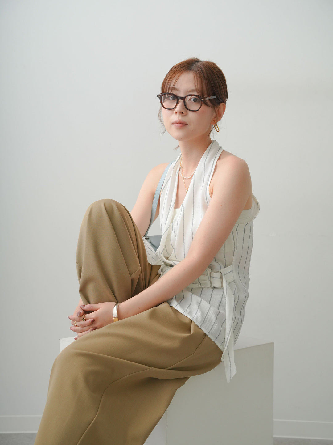 [SET]ストライプカシュクールジレ+クレープデシンタックワイドパンツ(2set)