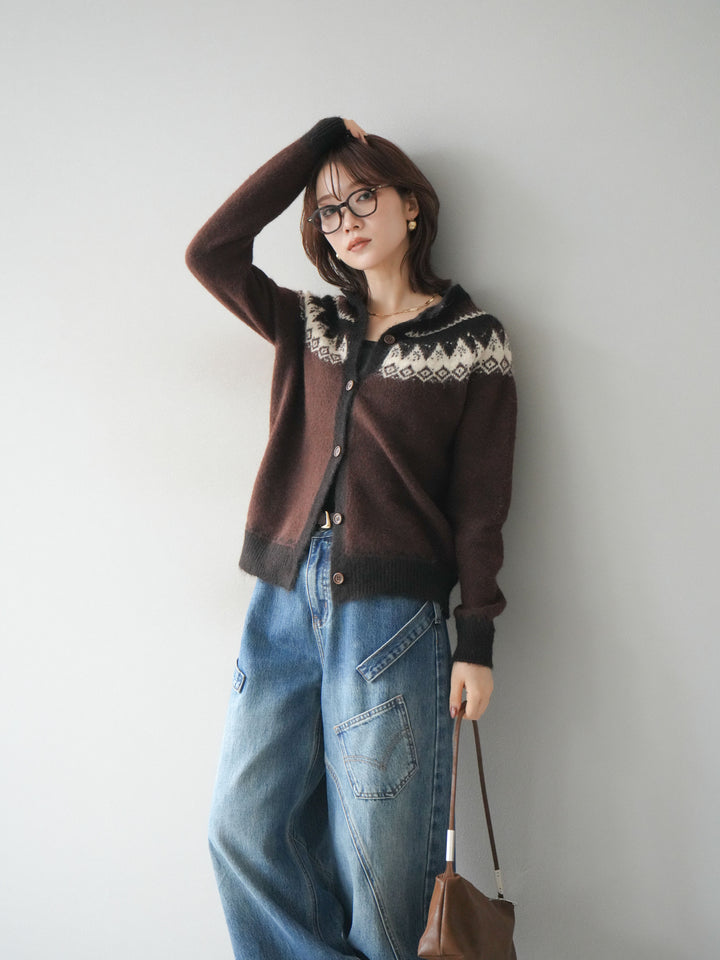 [SET]ノルディック柄ニットカーディガン+ペインターカーブデニムパンツ(2set)