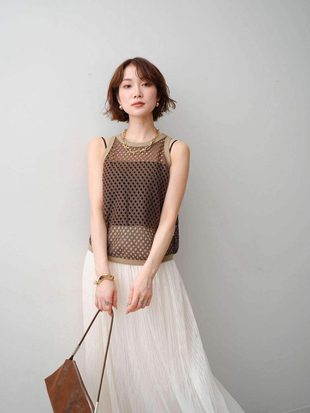 [予約]リブトリムメッシュアメスリトップス/brown