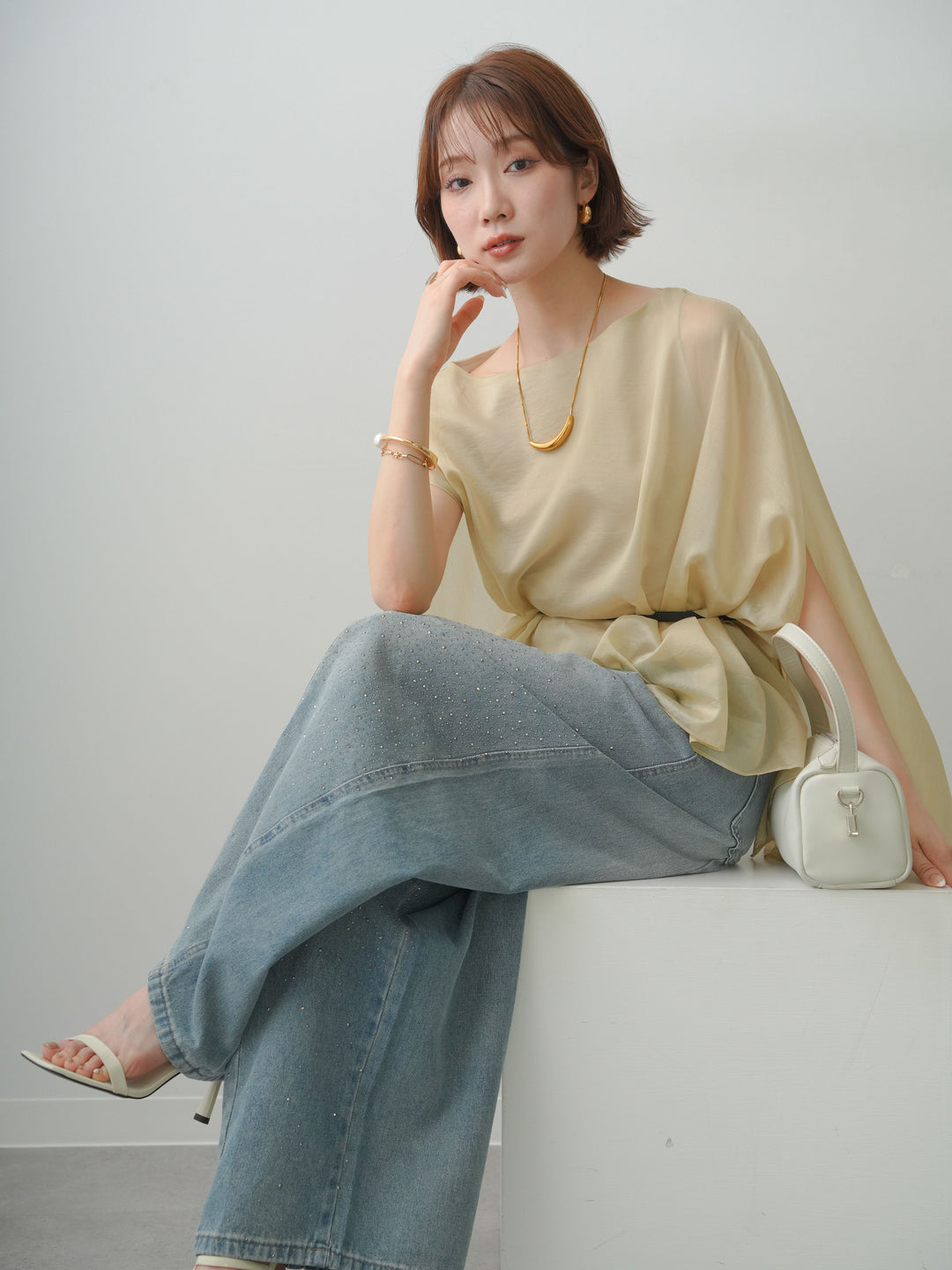 [予約]ベルト付シアーケープレイヤードブラウス/khaki