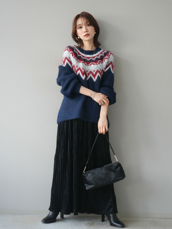 [SET]求心柄オーバーニットプルオーバー+スエードワッシャープリーツスカート(2set)