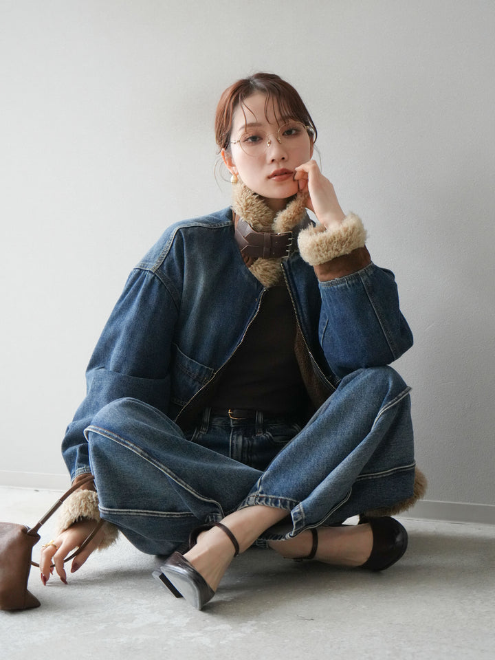 [予約]スタンドカラーファー×デニムジャケット/blue