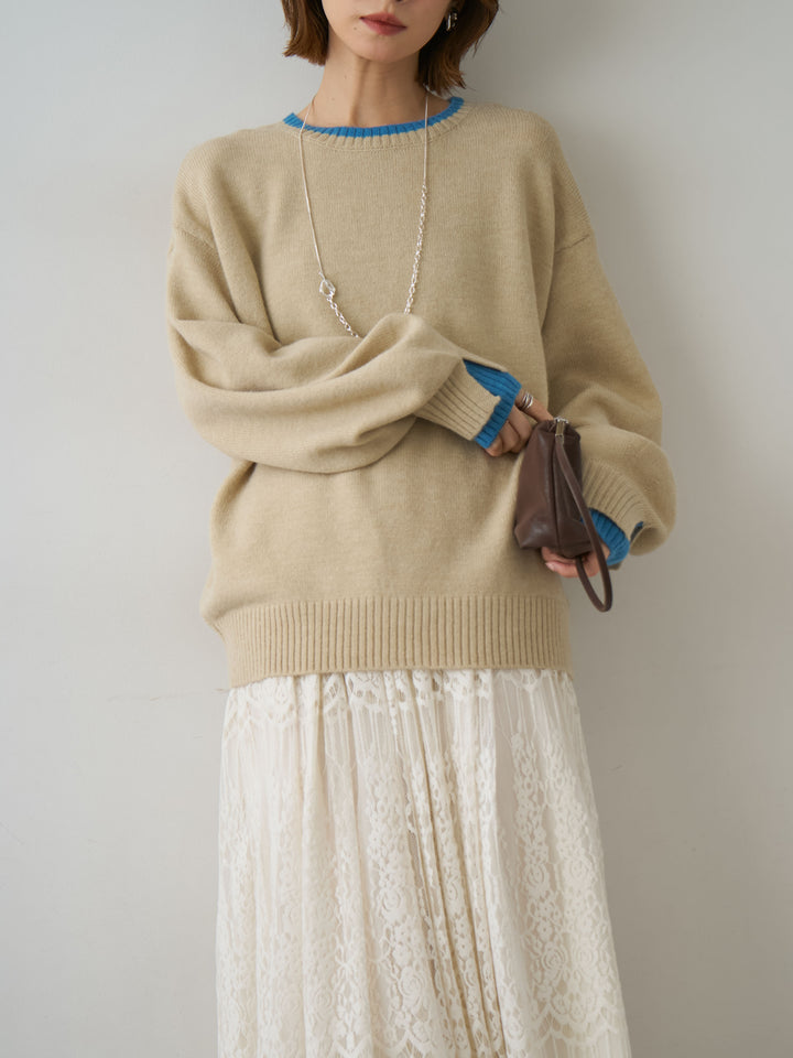 [SET]バイカラーカフスレイヤードニットプルオーバー+選べるアクセセット(2set)