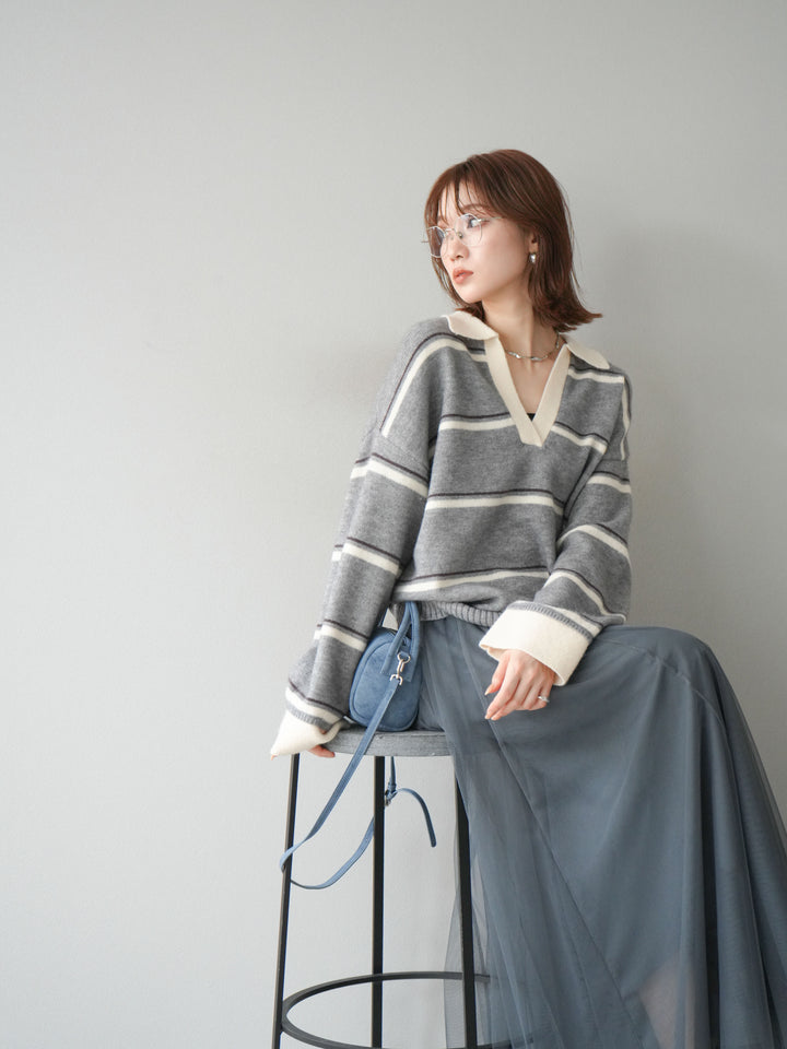 [SET]ポロ襟スキッパーボーダーニットプルオーバー+チュールボリュームスカート(2set)
