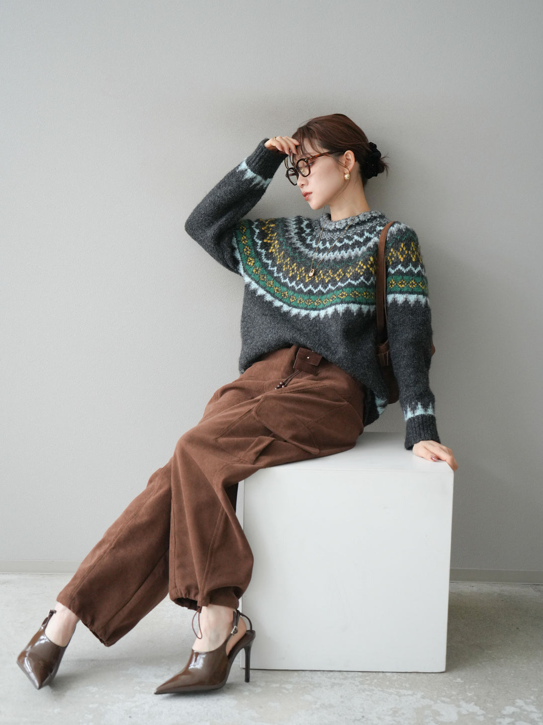 [予約]ウールタッチ求心柄オーバーニットプルオーバー/gray