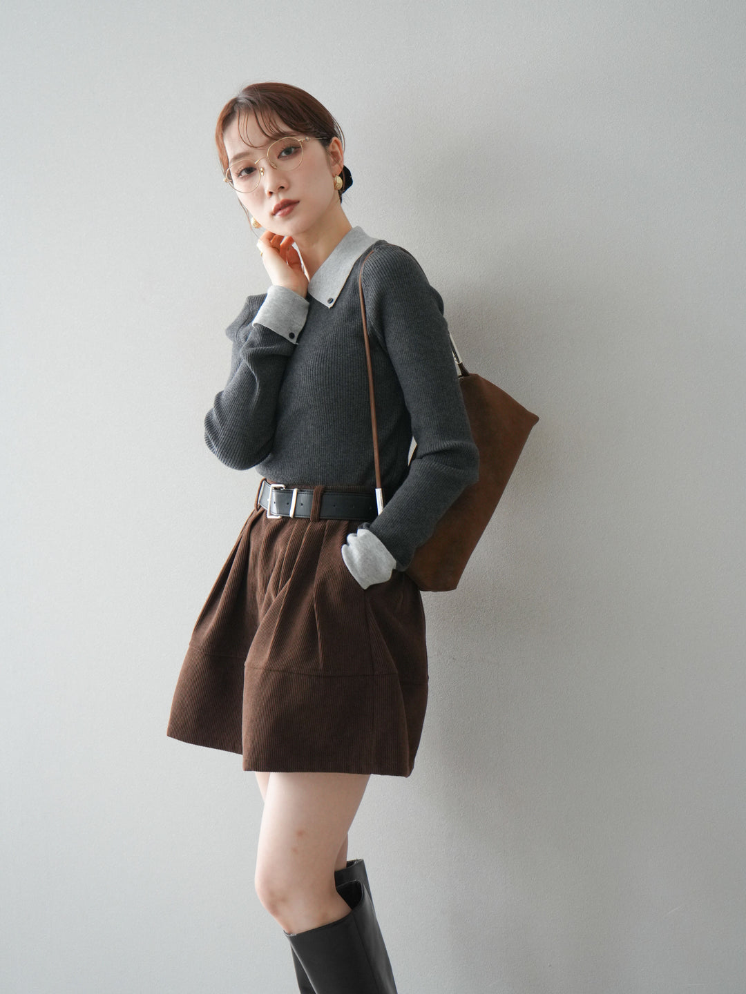 [予約]ニットカフス襟付き配色リブニットトップス/charcoal