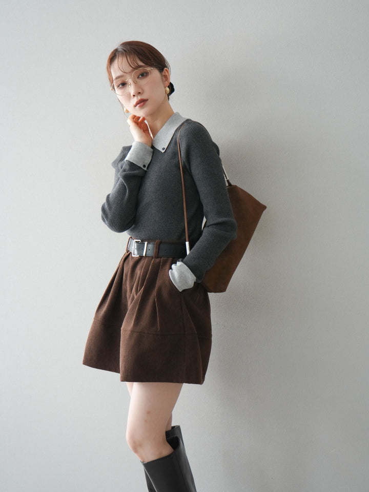 [予約]ニットカフス襟付き配色リブニットトップス/charcoal