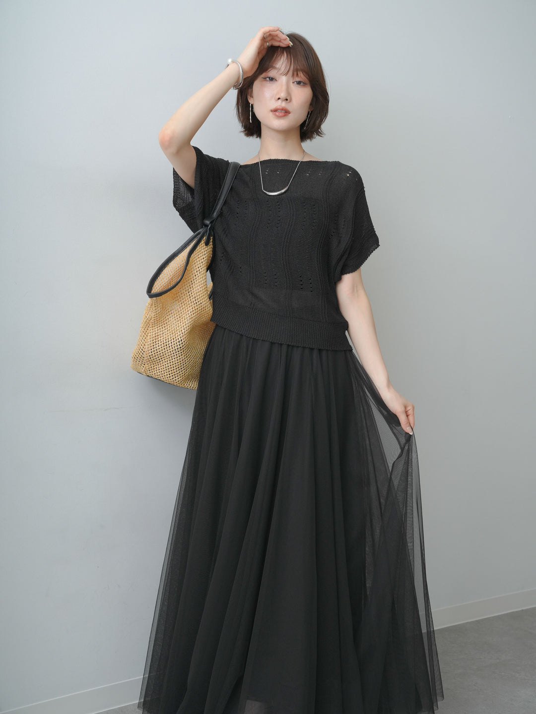 [予約]アイレットサマーニットトップス/black