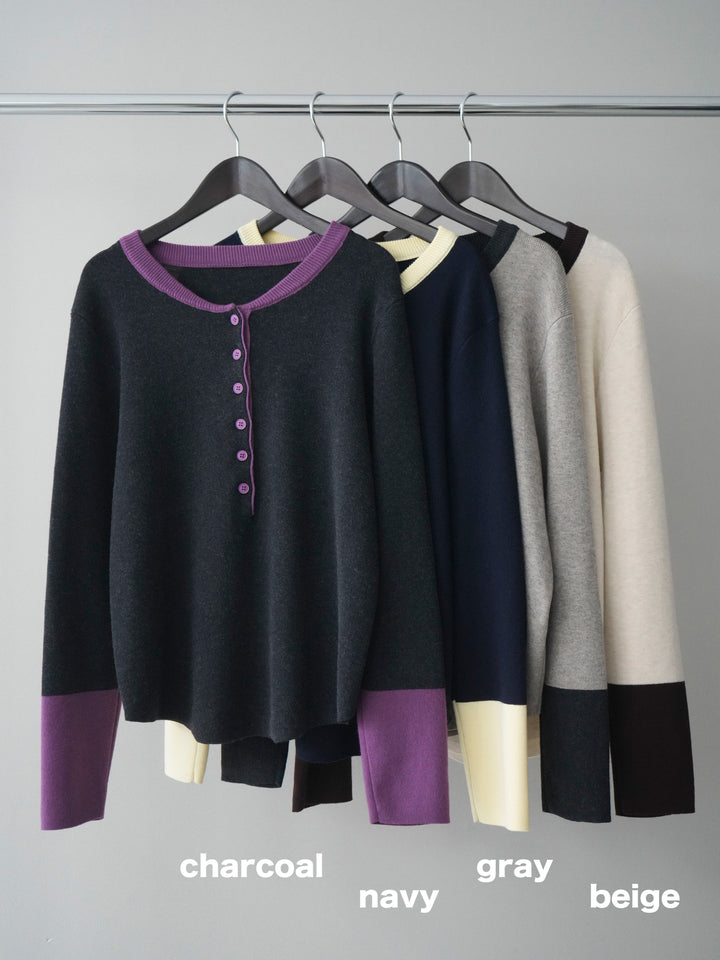 [SET]ヘンリーネック配色ニットソー+コットンタックループパンツ(2set)