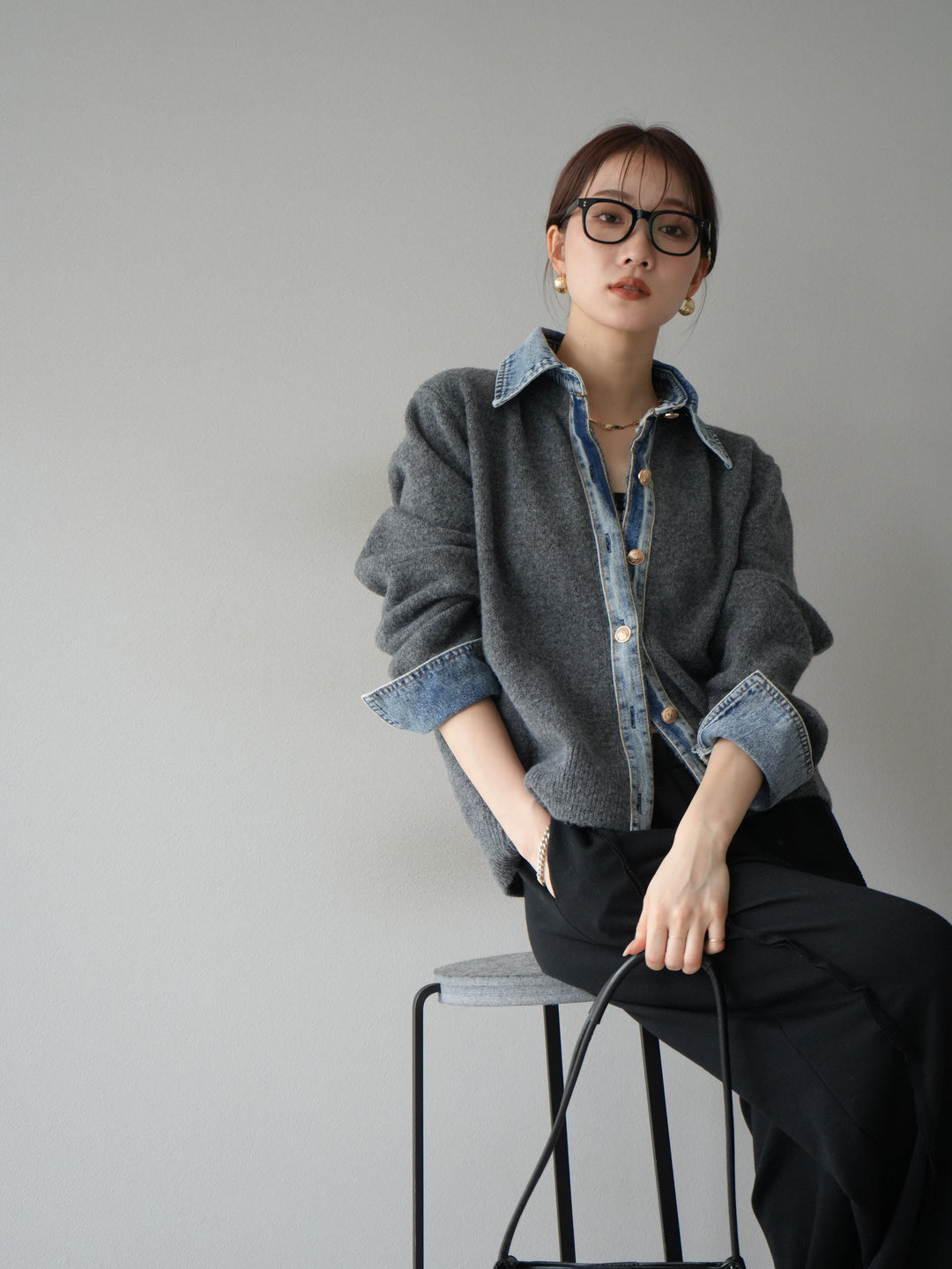 [予約]デニム襟ボタンニットカーディガン/チャコール