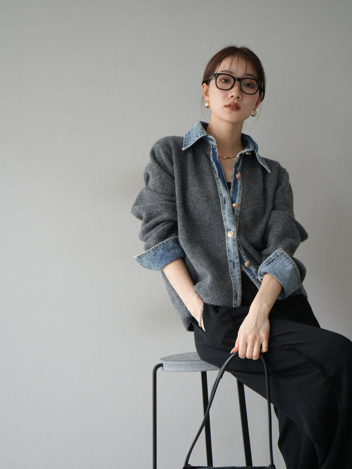 [予約]デニム襟ボタンニットカーディガン/チャコール