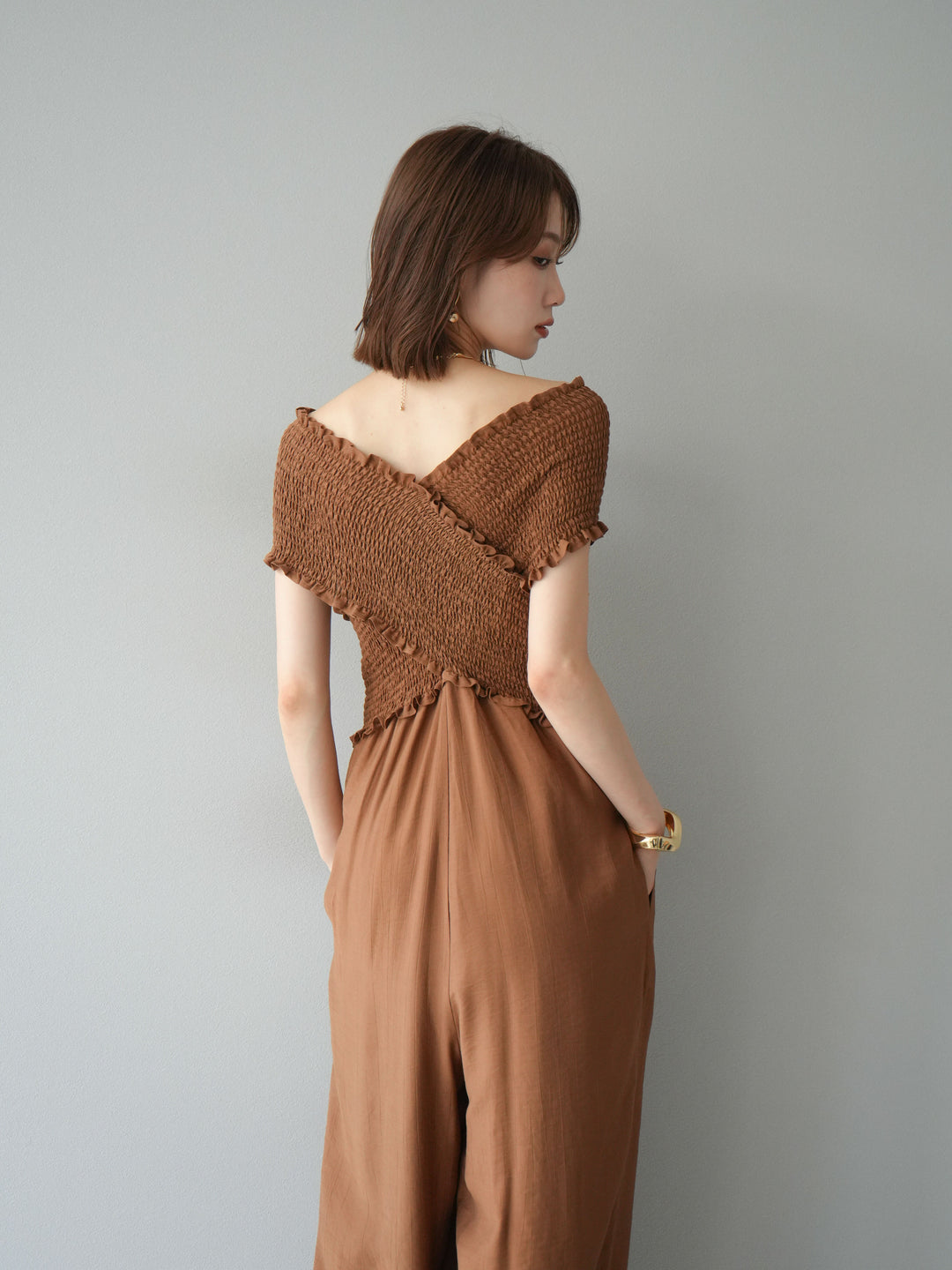 [予約]シャーリングクロスサロペット/ブラウン