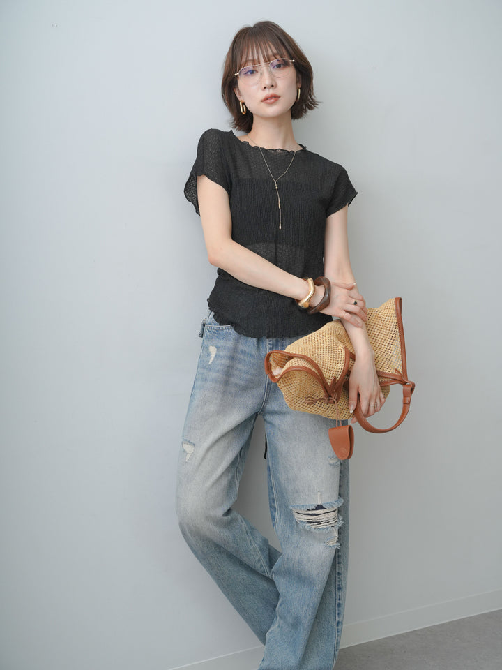 [SET]シャーリングシアーバックオープンフレンチトップス+シャーリングシアーバックオープンフレンチトップス(2set)