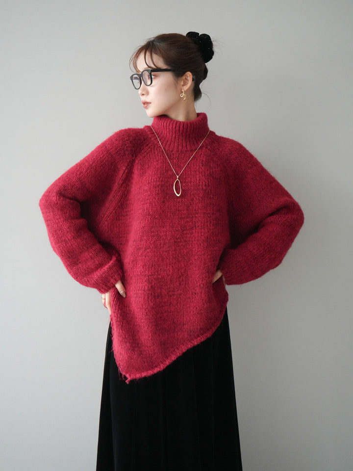 [予約]アシンメトリーハイネックニットプルオーバー/red