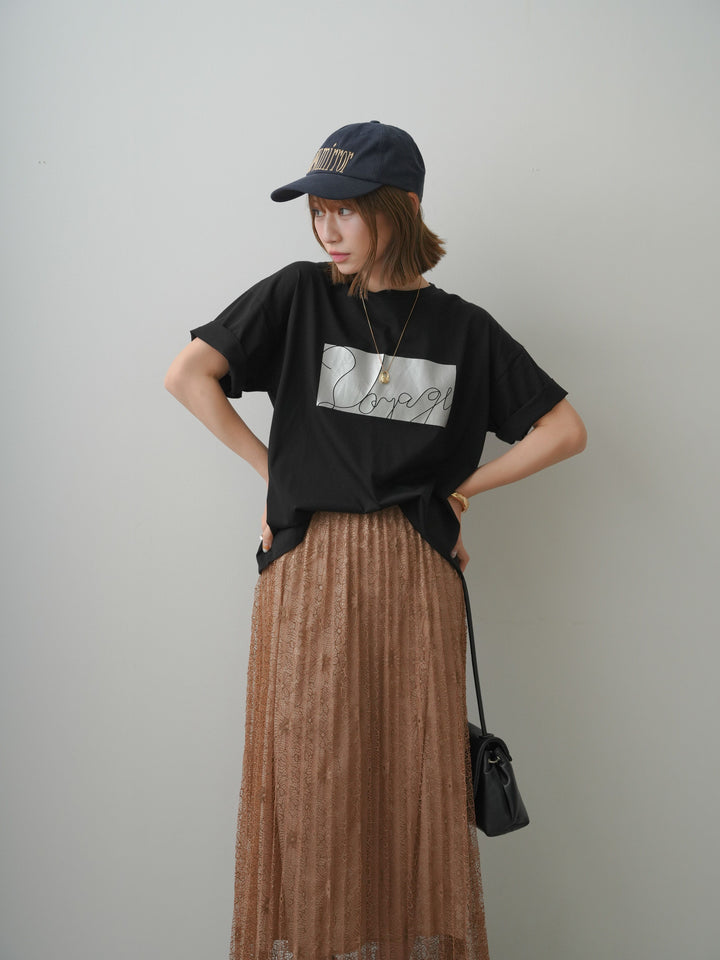 [SET]箔プリントボックスTEE+フローラルレースプリーツスカート(2set)