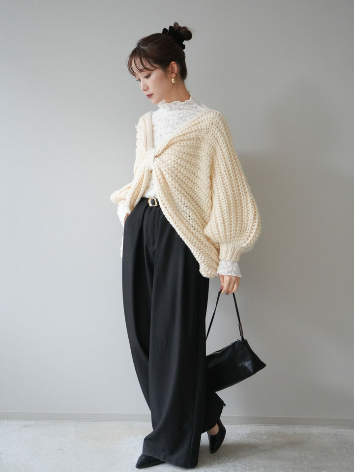 [SET]ローゲージ畦編みドルマンニットボレロ+起毛レースプチネックトップス+ベルトループデザインワイドパンツM(3set)
