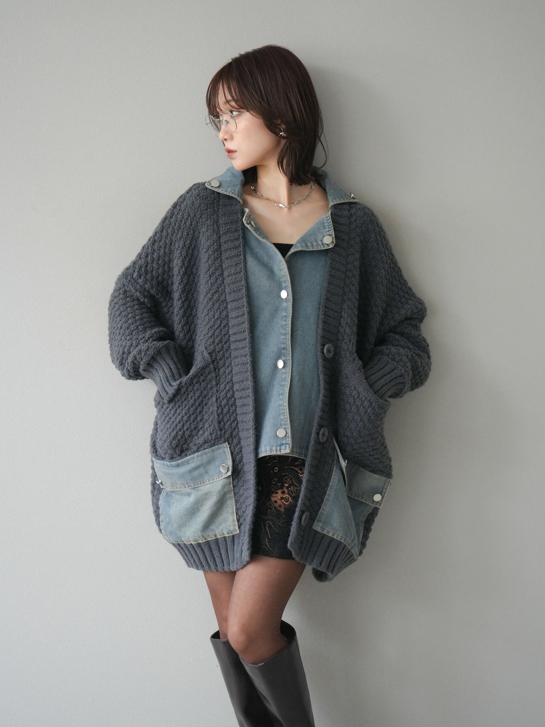 [SET]デニム襟レイヤードニットジャケット+デニム襟レイヤードニットジャケット(2set)