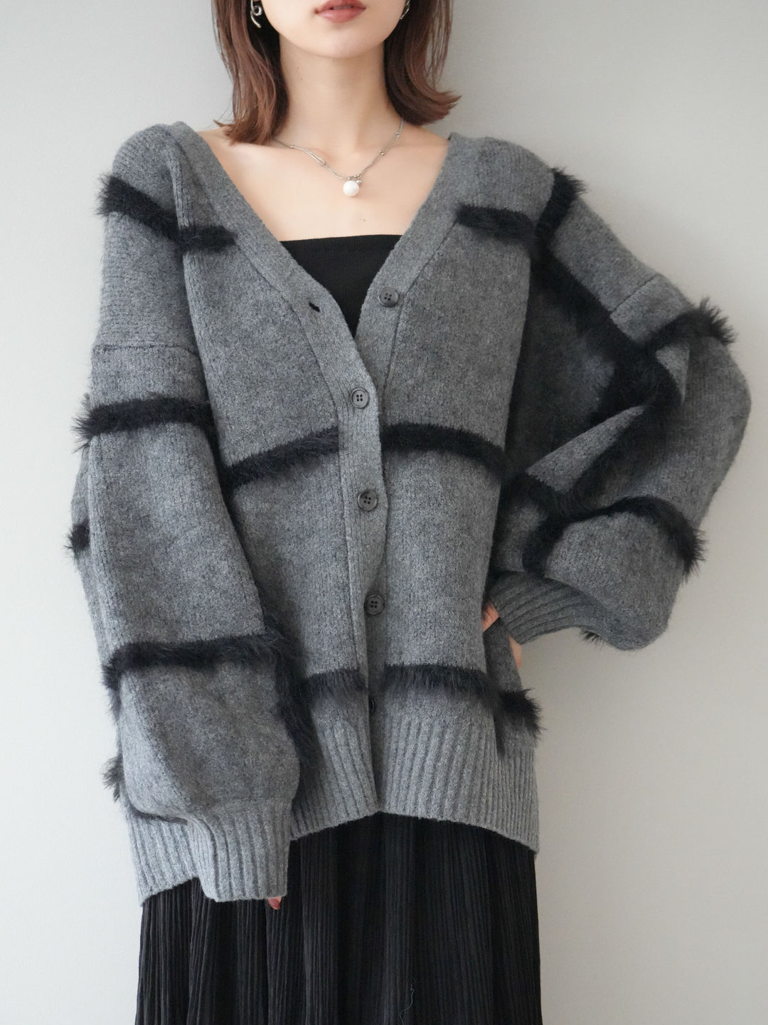 [予約]ミックスシャギーチェックカーディガン/charcoal