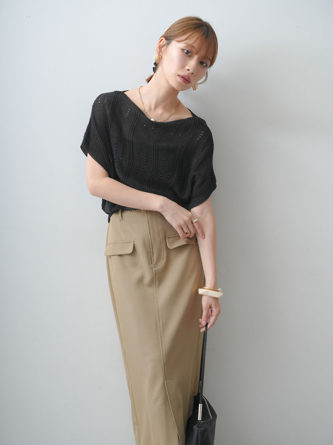 [SET]アイレットサマーニットトップス+クレープデシンフラップ付きストレートスカート(2set)