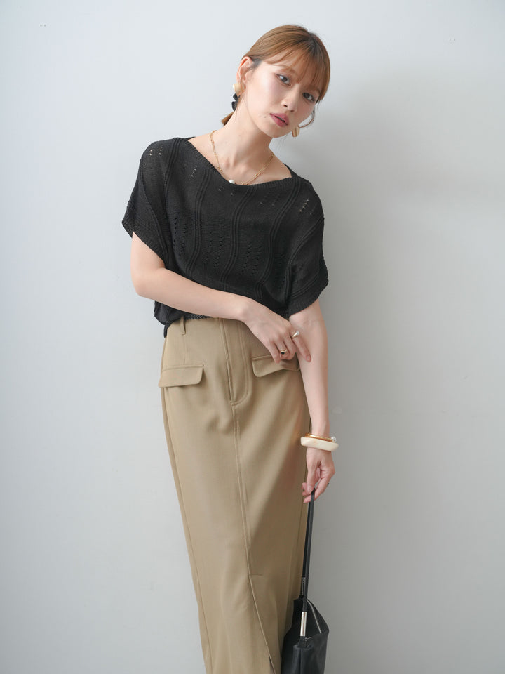 [SET]アイレットサマーニットトップス+クレープデシンフラップ付きストレートスカート(2set)