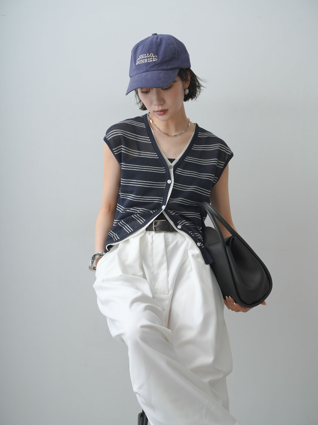 [予約]バイカラーボーダーフレンチニットベスト/navy