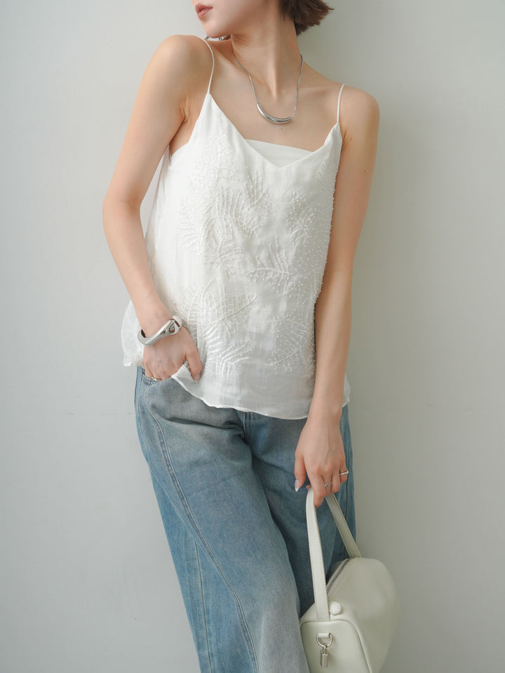【套裝】棕櫚珠刺繡吊帶背心+輕薄復古風牛仔褲（兩件套）