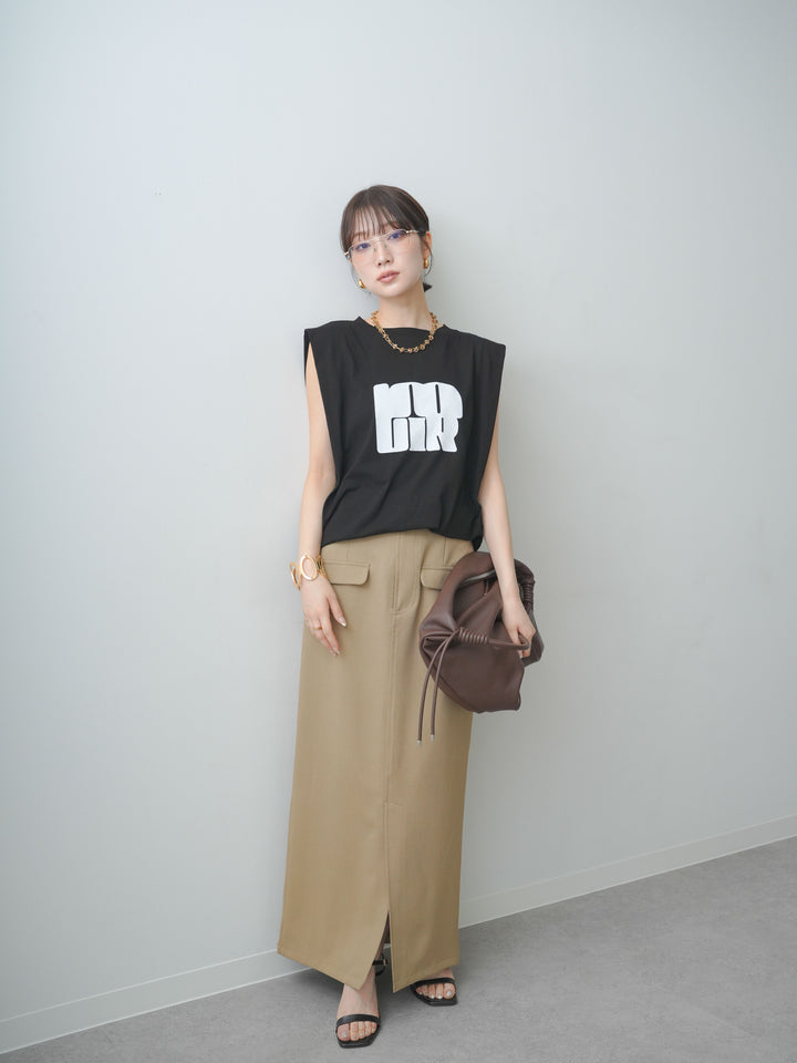[SET]ショルダータックノースリーブオーバーTEE+ショルダータックノースリーブオーバーTEE+クレープデシンフラップ付きストレートスカート(3set)