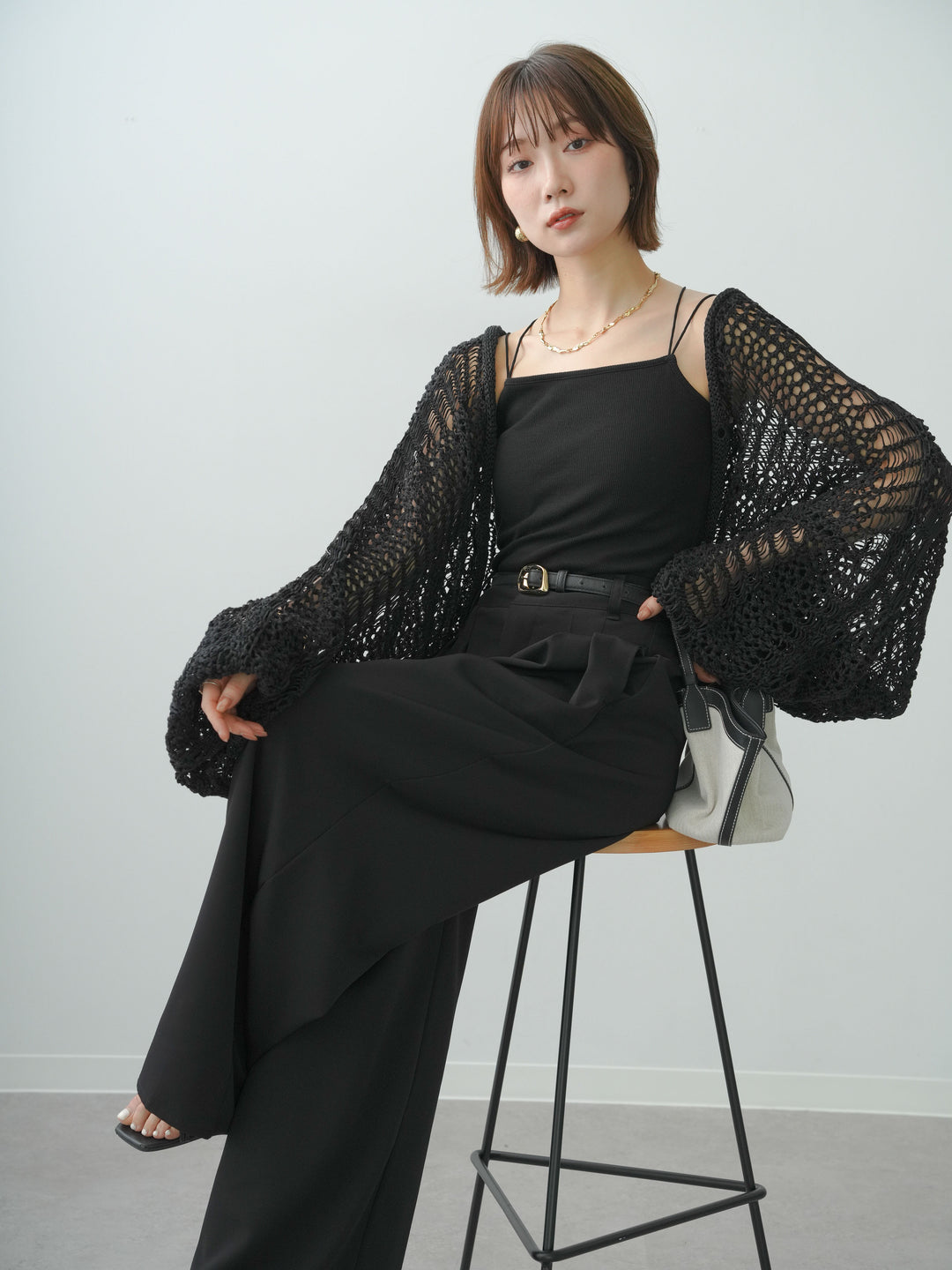 [SET]ミックスメッシュニットボレロ+カップ付きバッククロスキャミソール(2set)