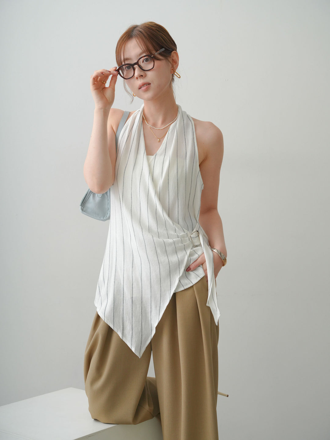 [SET]ストライプカシュクールジレ+クレープデシンタックワイドパンツ(2set)