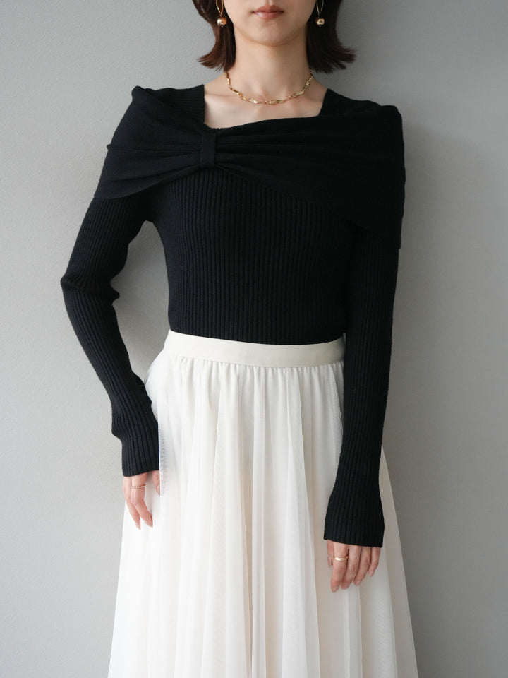 [予約]リボンモチーフオフショルリブニットトップス/black