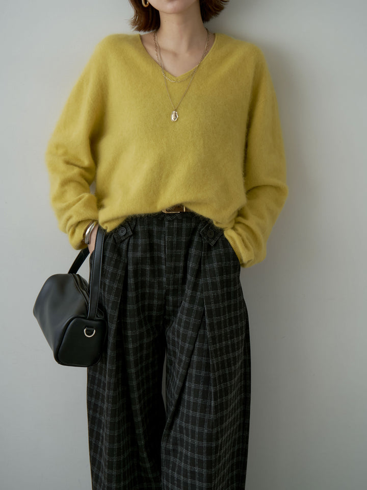 [SET]カシミア混フェザータッチVネックニットトップス+チェックサイドベルトデザインタックパンツ(2set)