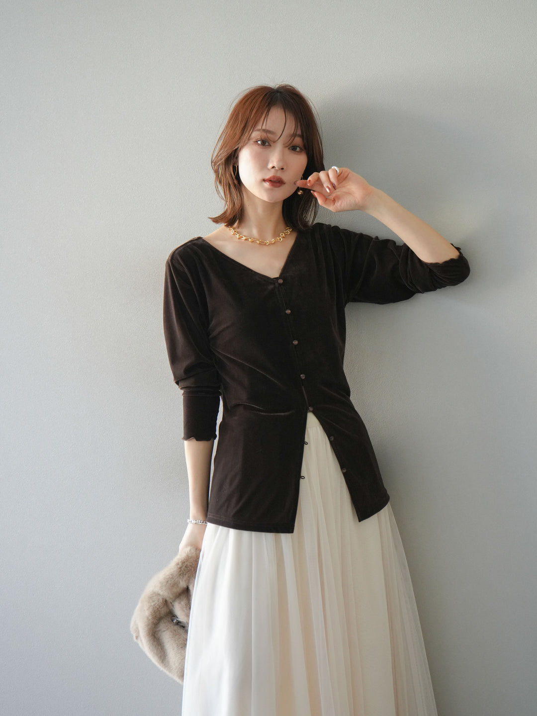 [予約]ベロアカーディガン/brown