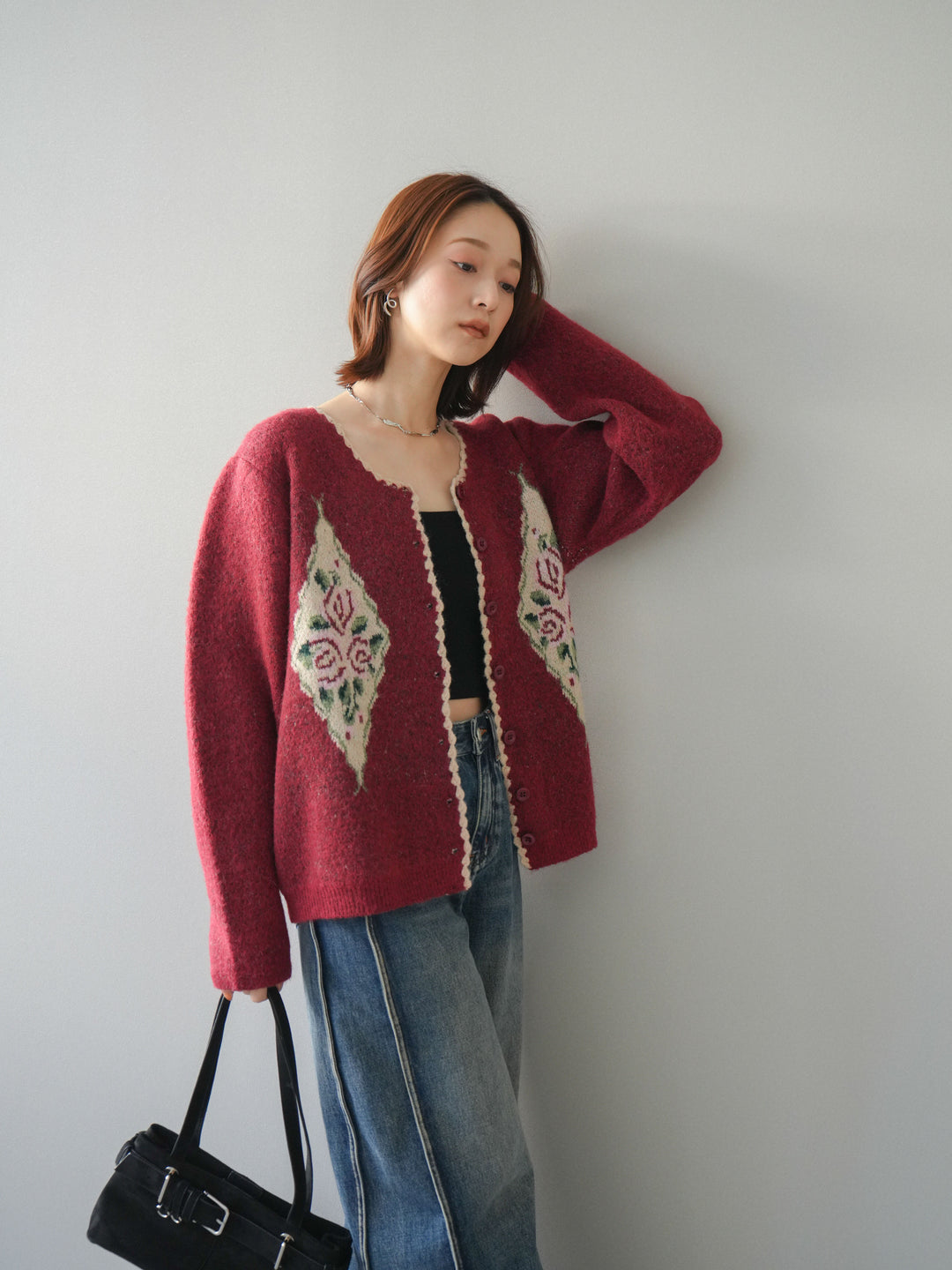 [予約]アンティークフラワージャガードニットカーディガン/red