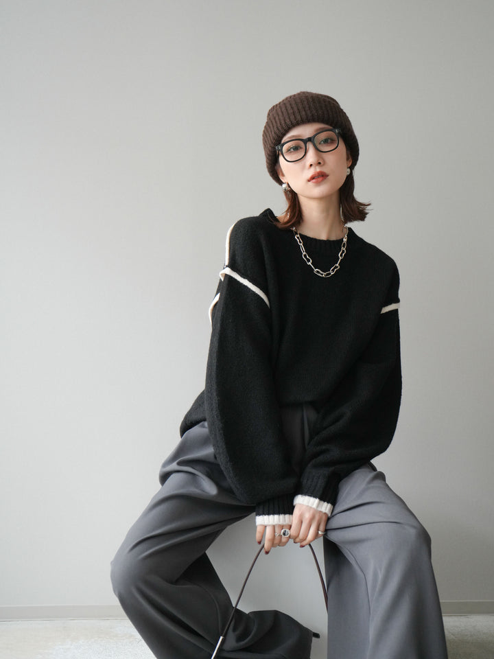 [予約]バイカラーパイピングニットプルオーバー/black