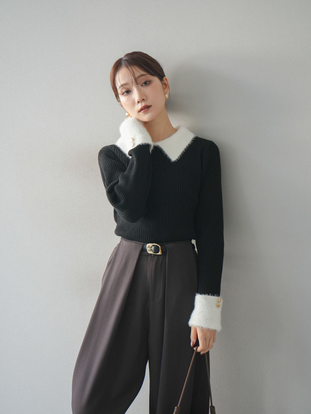 [SET]シャギー襟リブニットトップス+ベルトループデザインワイドパンツ(2set)