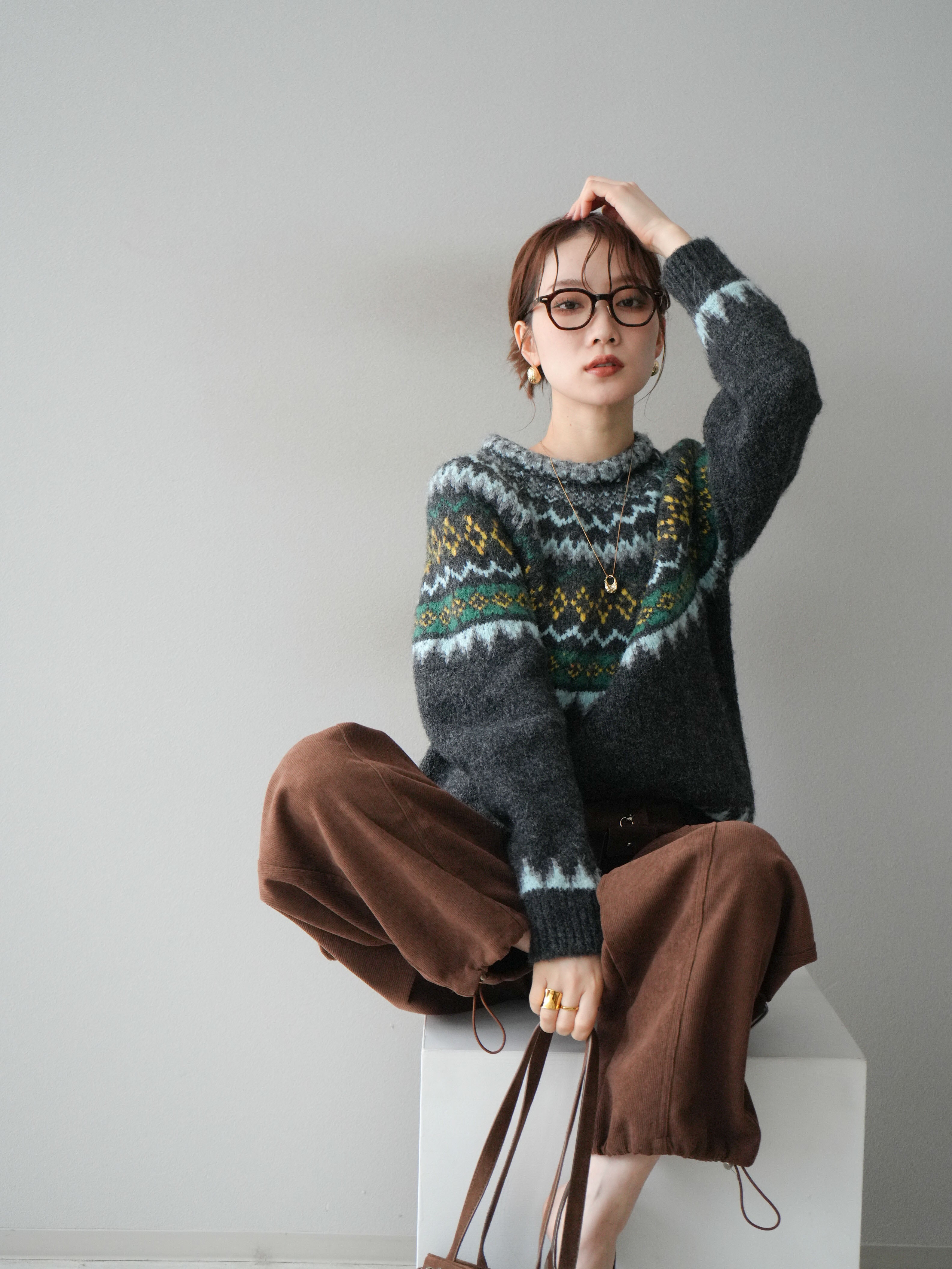 予約]ウールタッチ求心柄オーバーニットプルオーバー/gray – Lumier