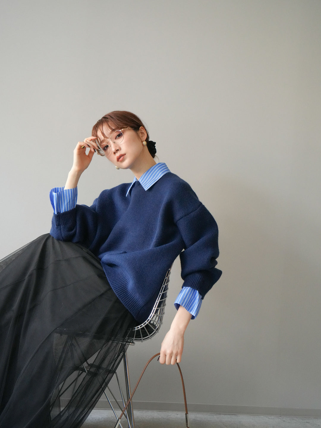 [予約]2WAY襟ニットプルオーバー/navy