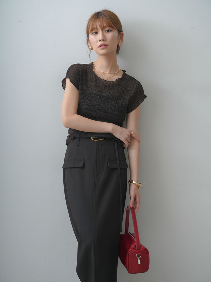 [SET]シャーリングシアーバックオープンフレンチトップス+クレープデシンフラップ付きストレートスカート(2set)