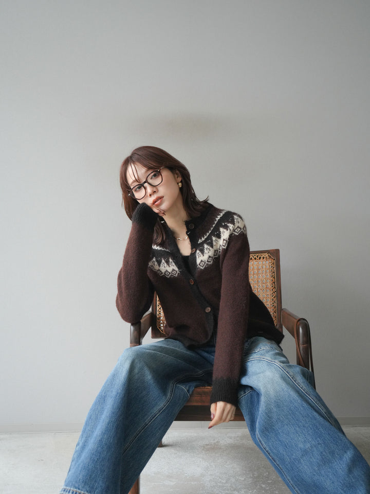 [SET]ノルディック柄ニットカーディガン+ペインターカーブデニムパンツ(2set)