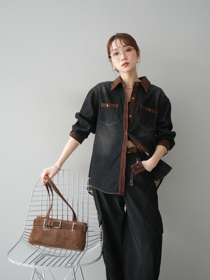 [予約]裏起毛コーデュロイ襟デニムシャツジャケット/black