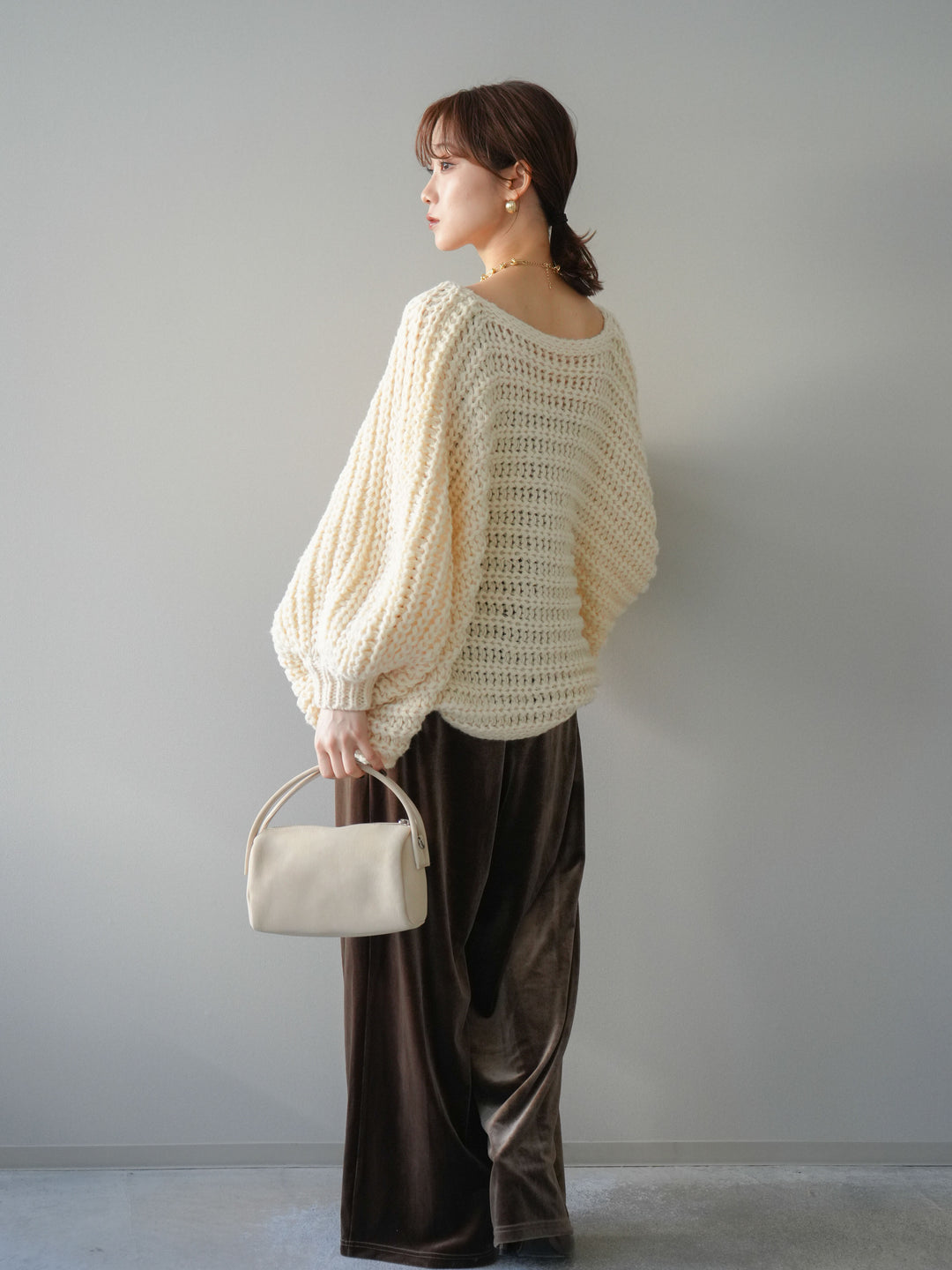 [SET]ローゲージ畦編みドルマンニットボレロ+ベロアベルトスリムパンツ(2set)